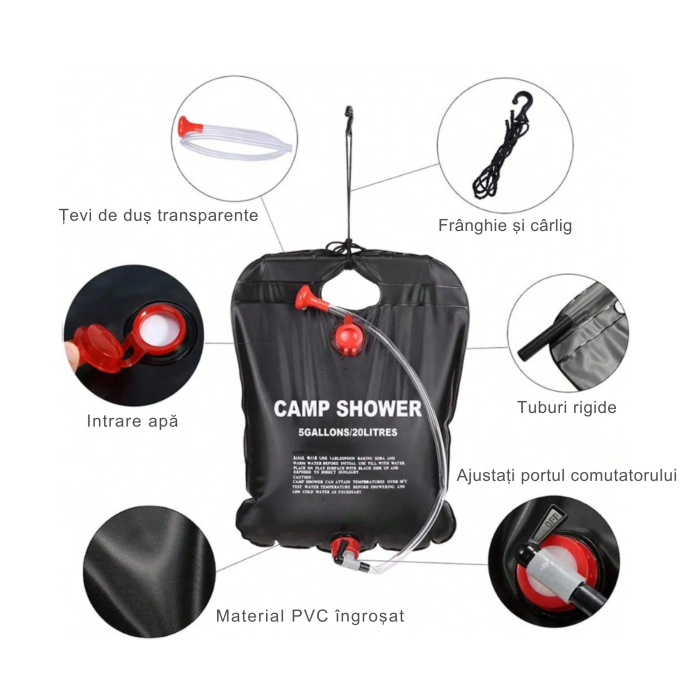 Dus solar portabil cu capacitate de 20l VarioShop®, incalzire solara eficienta si furtun flexibil, ideal pentru camping, excursii si activitati in aer liber, Negru [2]