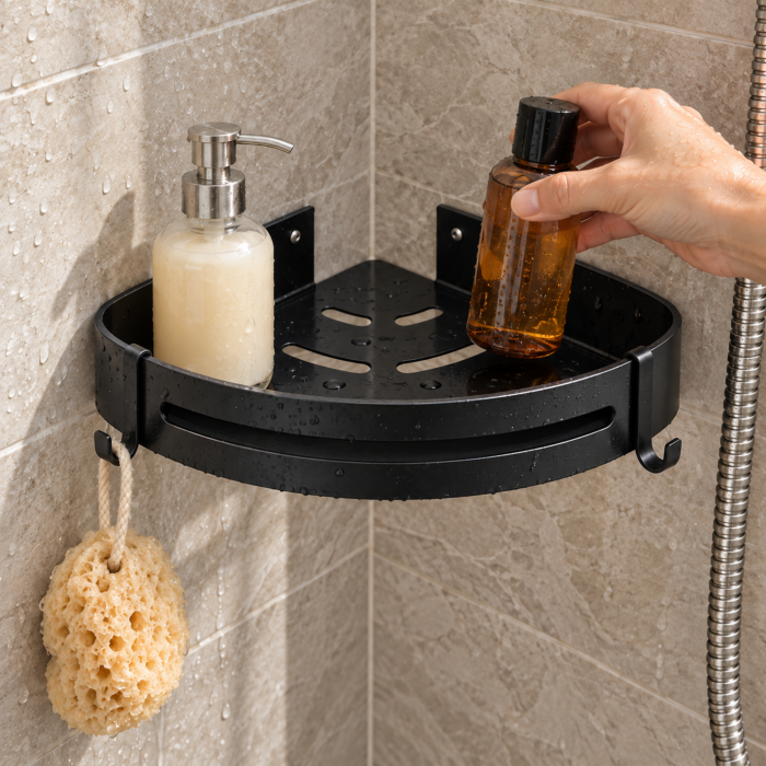 Raft de colt pentru baie VarioShop®, montare pe perete fara gaurire, adeziv inclus, 21,5 x 28,5 x 4,5 cm, otel inoxidabil, negru [2]