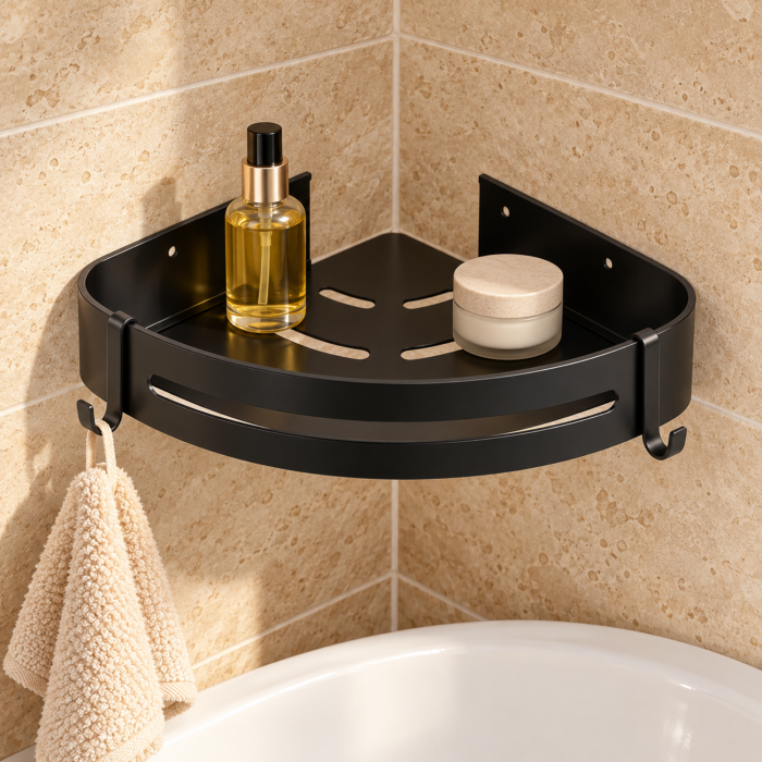 Raft de colt pentru baie VarioShop®, montare pe perete fara gaurire, adeziv inclus, 21,5 x 28,5 x 4,5 cm, otel inoxidabil, negru [6]