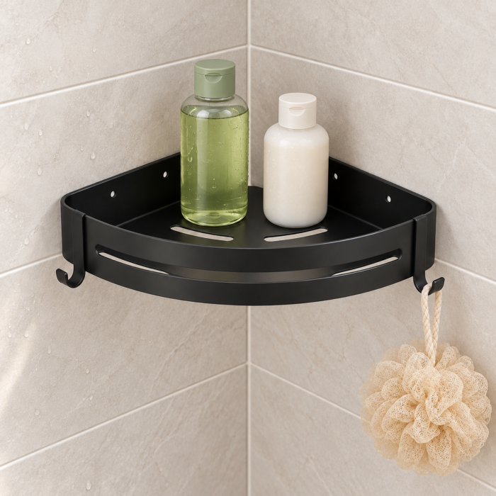 Raft de colt pentru baie VarioShop®, montare pe perete fara gaurire, adeziv inclus, 21,5 x 28,5 x 4,5 cm, otel inoxidabil, negru [7]