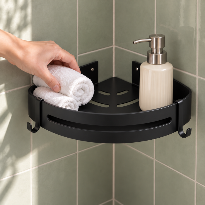 Raft de colt pentru baie VarioShop®, montare pe perete fara gaurire, adeziv inclus, 21,5 x 28,5 x 4,5 cm, otel inoxidabil, negru [3]