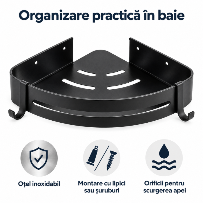 Raft de colt pentru baie VarioShop®, montare pe perete fara gaurire, adeziv inclus, 21,5 x 28,5 x 4,5 cm, otel inoxidabil, negru [8]
