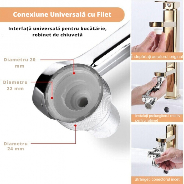 Extensie rotativa pentru robinet VarioShop®, prelungitor pentru baterie chiuveta, pivotant in orice directie, economizor apa, metal, Argintiu [6]
