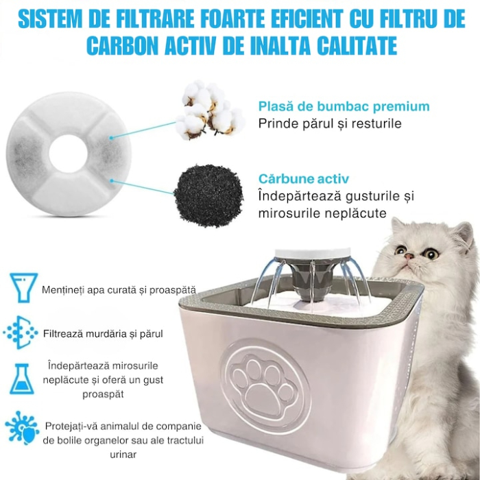 Fantana automata de apa VarioShop®, 2.5 L pentru pisici si caini, adapatoare silentioasa cu filtru de carbon activ, 3 trepte de debit si alimentare USB, hidratare continua si igienica pentru animalele [3]