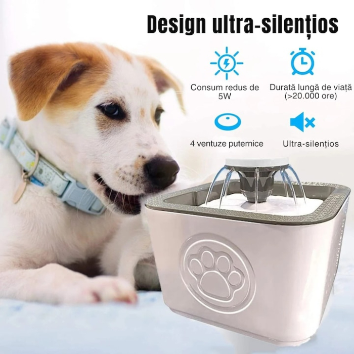 Fantana automata de apa VarioShop®, 2.5 L pentru pisici si caini, adapatoare silentioasa cu filtru de carbon activ, 3 trepte de debit si alimentare USB, hidratare continua si igienica pentru animalele [2]