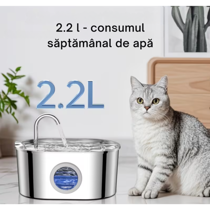 Fantana automata pentru animale VarioShop®, 2.2L, otel inoxidabil 304, sistem filtrare multipla, pompa silentioasa, pentru pisici si caini de talie mica, argintiu [4]