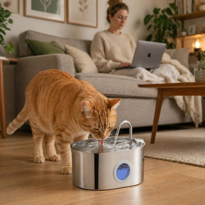 Fantana automata pentru animale VarioShop®, 2.2L, otel inoxidabil 304, sistem filtrare multipla, pompa silentioasa, pentru pisici si caini de talie mica, argintiu [2]