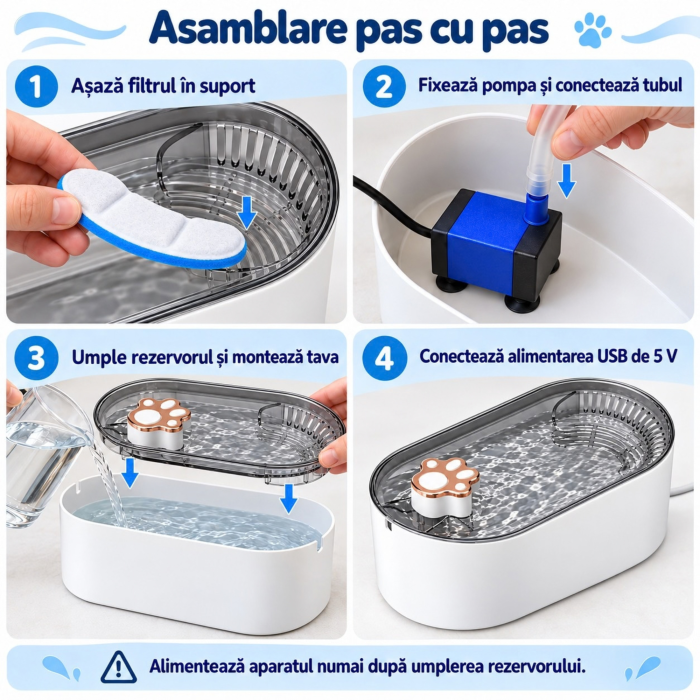Fantana automata VarioShop, pentru animale de companie, cu purificare, filtrare si carbon activ, pompa silentioasa, alimentare USB, 1 filtru inclus, 3L, alb [11]