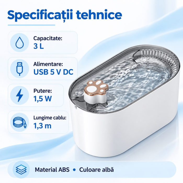 Fantana automata VarioShop, pentru animale de companie, cu purificare, filtrare si carbon activ, pompa silentioasa, alimentare USB, 1 filtru inclus, 3L, alb [8]