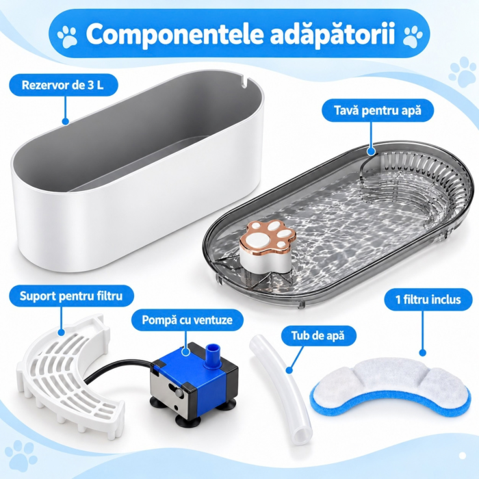 Fantana automata VarioShop, pentru animale de companie, cu purificare, filtrare si carbon activ, pompa silentioasa, alimentare USB, 1 filtru inclus, 3L, alb [10]