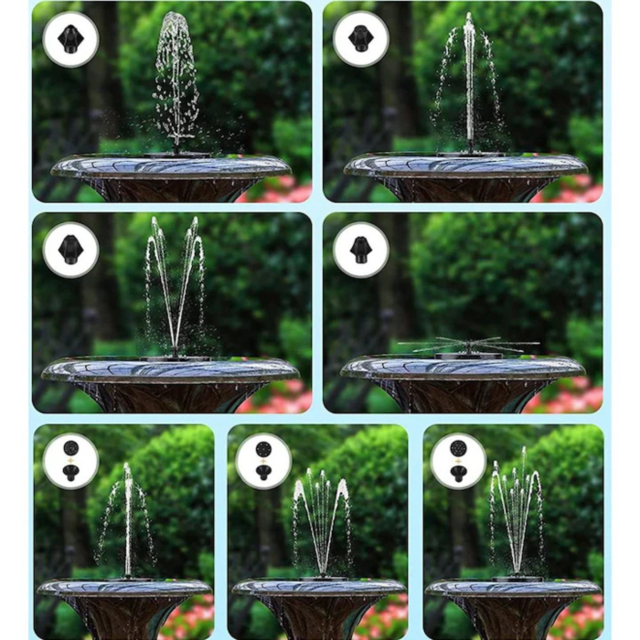 Fantana solara plutitoare pentru gradina VarioShop®, cu 7 capete interschimbabile, lumina LED RGB, 2 moduri de functionare, panou solar 3W, baterie 900mAh, debit 180L/h, inaltime jet pana la 60cm [12]