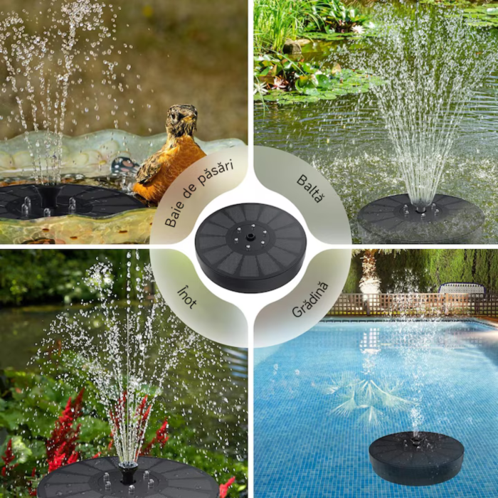 Fantana solara plutitoare pentru gradina VarioShop®, cu 7 capete interschimbabile, lumina LED RGB, 2 moduri de functionare, panou solar 3W, baterie 900mAh, debit 180L/h, inaltime jet pana la 60cm [3]