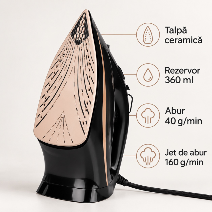 Fier de calcat cu abur VarioShop®, talpa ceramica, debit continuu 40 g/min, jet 160 g/min, rezervor 360 ml, calcare verticala, anticalcar, anti-picurare, autocuratare [8]