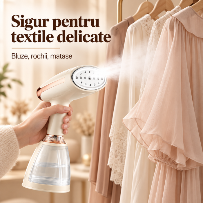 Fier de calcat vertical cu abur VarioShop®, portabil, 1500W, rezervor 280 ml, talpa ceramica, incalzire rapida 15 secunde, perie inclusa, bej [5]