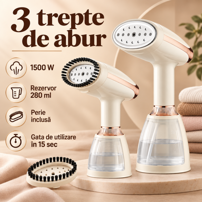 Fier de calcat vertical cu abur VarioShop®, portabil, 1500W, rezervor 280 ml, talpa ceramica, incalzire rapida 15 secunde, perie inclusa, bej [2]