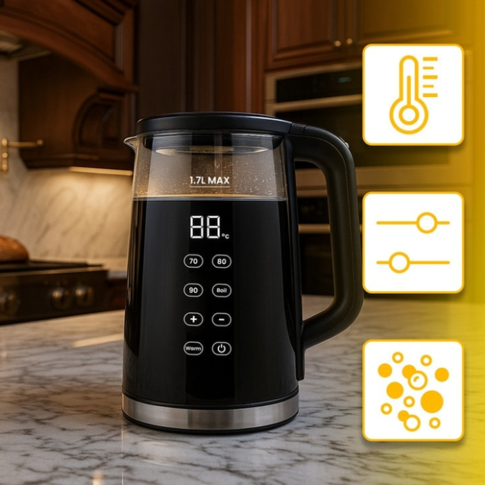 Fierbator electric cu control tactil VarioShop®, din sticla 1.7L, 1850–2200W, temperaturi reglabile 70/80/90/100°C, functie Warm, baza rotativa [8]