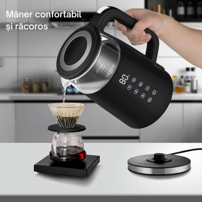 Fierbator electric cu control tactil VarioShop®, din sticla 1.7L, 1850–2200W, temperaturi reglabile 70/80/90/100°C, functie Warm, baza rotativa [6]