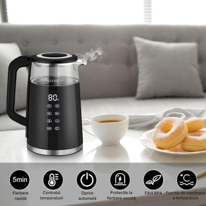 Fierbator electric cu control tactil VarioShop®, din sticla 1.7L, 1850–2200W, temperaturi reglabile 70/80/90/100°C, functie Warm, baza rotativa [4]