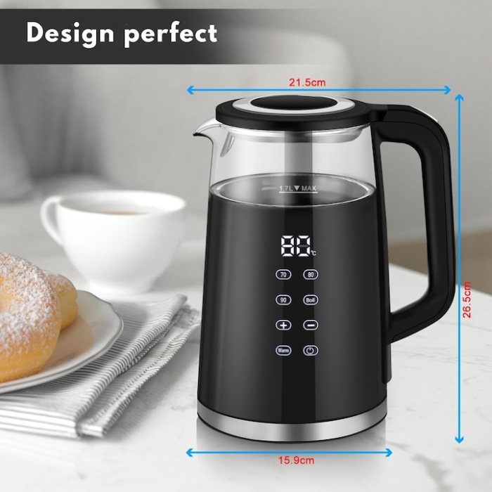 Fierbator electric cu control tactil VarioShop®, din sticla 1.7L, 1850–2200W, temperaturi reglabile 70/80/90/100°C, functie Warm, baza rotativa [7]