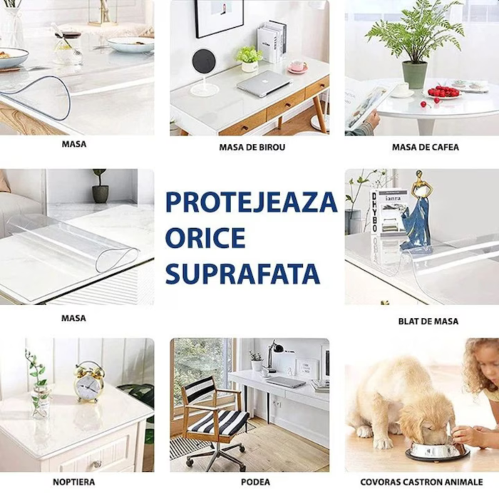 Folie protectie masa VarioShop®, efect de sticla, impermeabila, rezistenta la uzura, margini rotunjite, grosime 1 mm, 120 x 60 cm, Transparent [20]