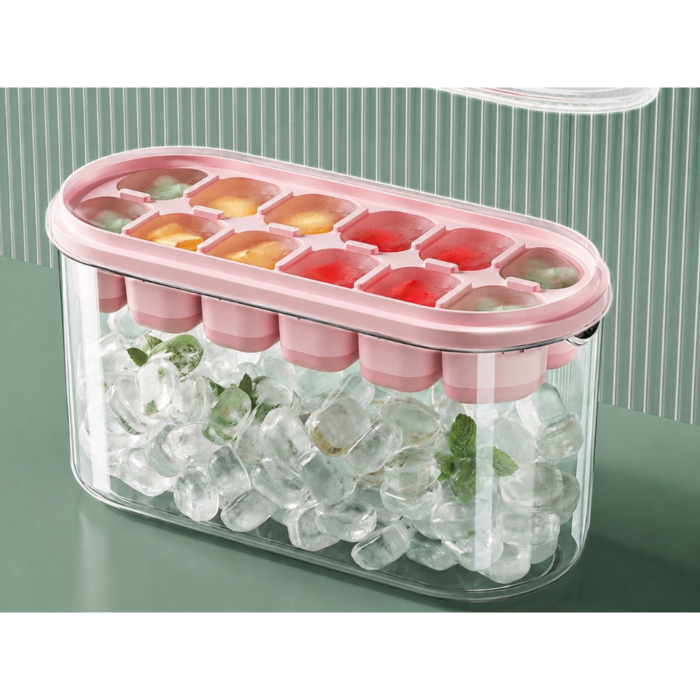 Forma cuburi de gheata VarioShop®, 12 compartimente, cu recipient si capac etans, reutilizabila, 19x8x3.5 cm, roz [10]