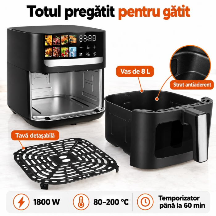Friteuza cu aer cald VarioShop®, Air Fryer cu 8 programe, pentru cartofi, carne, peste si prajituri, functie decongelare, fereastra vizualizare, panou tactil LED, 1800W, 8L, negru [6]
