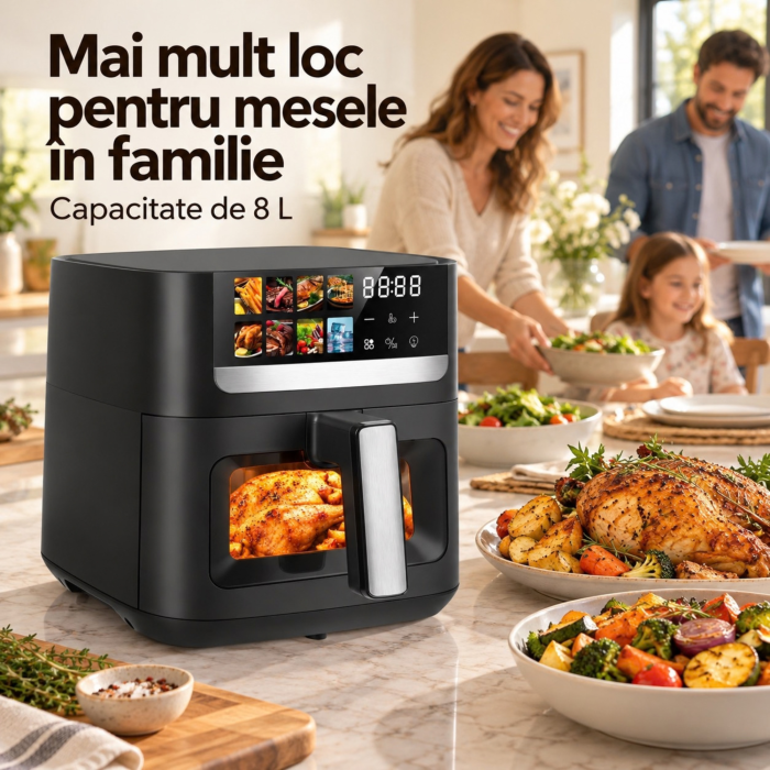 Friteuza cu aer cald VarioShop®, Air Fryer cu 8 programe, pentru cartofi, carne, peste si prajituri, functie decongelare, fereastra vizualizare, panou tactil LED, 1800W, 8L, negru [7]