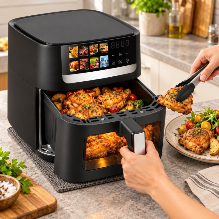 Friteuza cu aer cald VarioShop®, Air Fryer cu 8 programe, pentru cartofi, carne, peste si prajituri, functie decongelare, fereastra vizualizare, panou tactil LED, 1800W, 8L, negru [8]