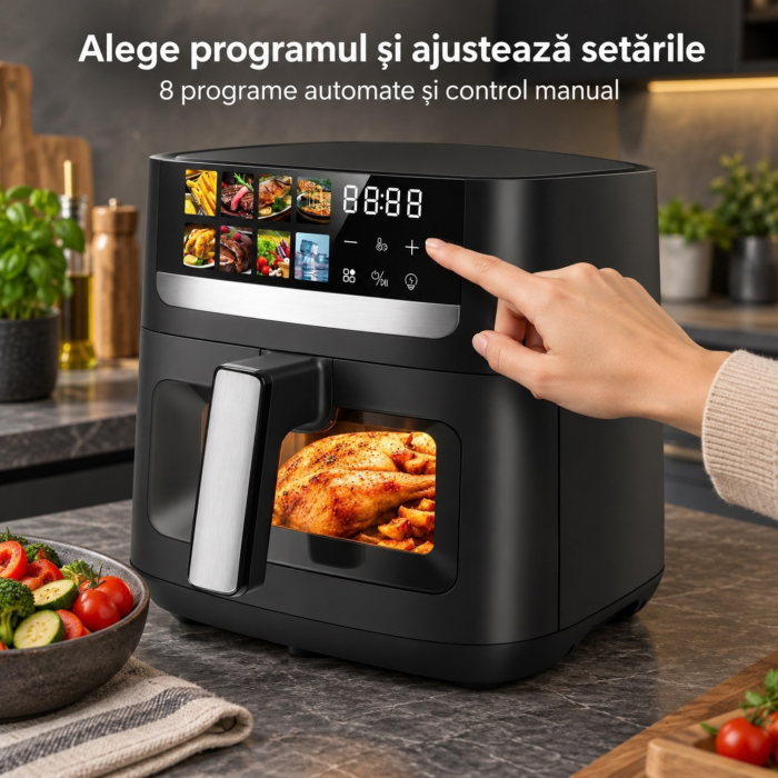 Friteuza cu aer cald VarioShop®, Air Fryer cu 8 programe, pentru cartofi, carne, peste si prajituri, functie decongelare, fereastra vizualizare, panou tactil LED, 1800W, 8L, negru [2]