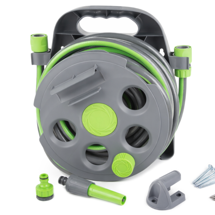 Furtun de gradina VarioShop®, 15 m, 1/2", 4 straturi, cu suport de perete, duza reglabila si conectori rapizi, rezistent UV [11]