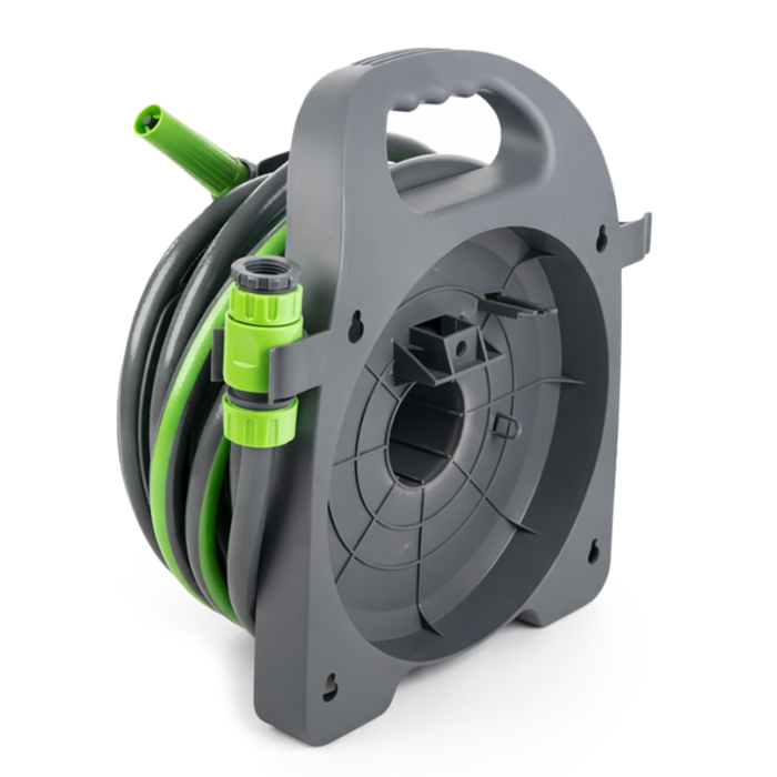Furtun de gradina VarioShop®, 15 m, 1/2", 4 straturi, cu suport de perete, duza reglabila si conectori rapizi, rezistent UV [10]