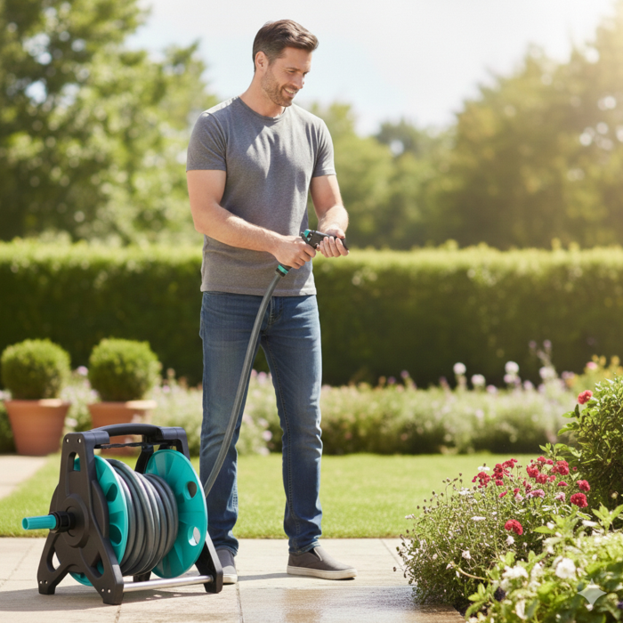 Furtun pentru gradina cu tambur retractabil 30m VarioShop®, pistol aspersor multifunctional, suport montare, sistem complet irigare [2]