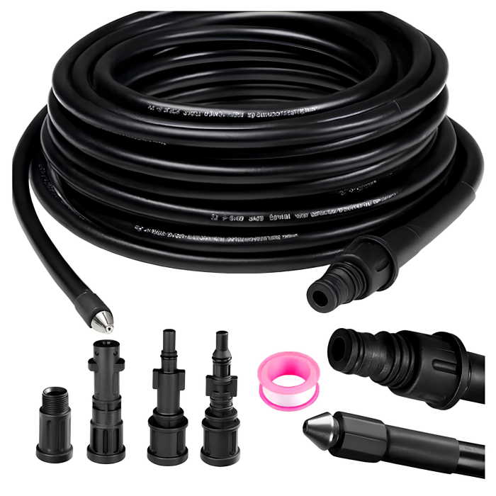 Furtun presiune VarioShop®, pentru curatarea tevilor, scurgeri si pavaje, compatibil cu aparat de spalat cu presiune, 20 m, 4 adaptoare, max 138 bar [6]