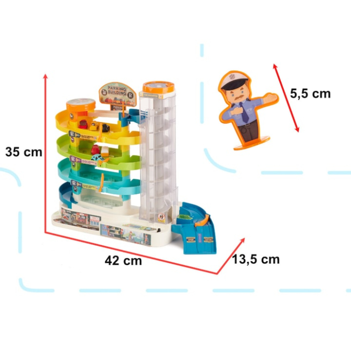 Garaj parcare copii cu 4 etaje VarioShop®, lift electric, lumini si sunete, 6 masini incluse, jucarie interactiva cu efecte, heliport si drumuri modulare, Multicolor [3]