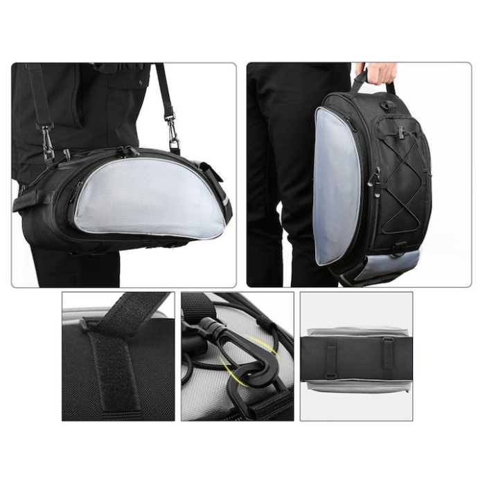 Geantă bicicletă VarioShop®, 13 L, impermeabilă, 5 compartimente, pentru portbagaj, curea de umăr, benzi reflectorizante, negru/gri [10]