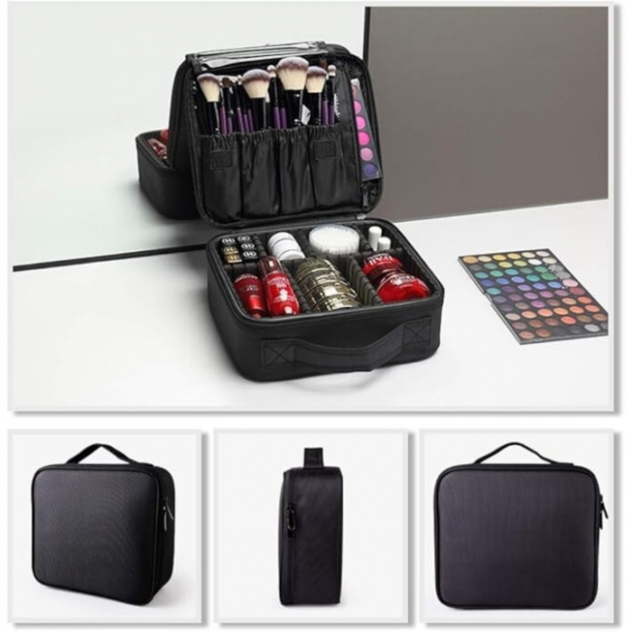 Geanta cosmetica profesionala VarioShop®, ideala pentru calatorii, vacante sau deplasari, utilizare universala, variante de compartimentare la alegere, impermeabila, 26 x 9 x 22 cm, neagra [29]