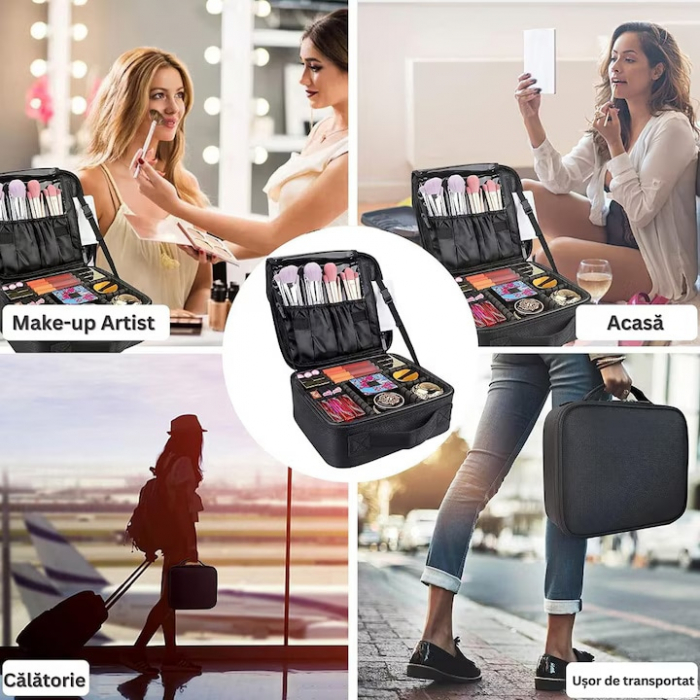 Geanta cosmetica profesionala VarioShop®, ideala pentru calatorii, vacante sau deplasari, utilizare universala, variante de compartimentare la alegere, impermeabila, 26 x 9 x 22 cm, neagra [26]