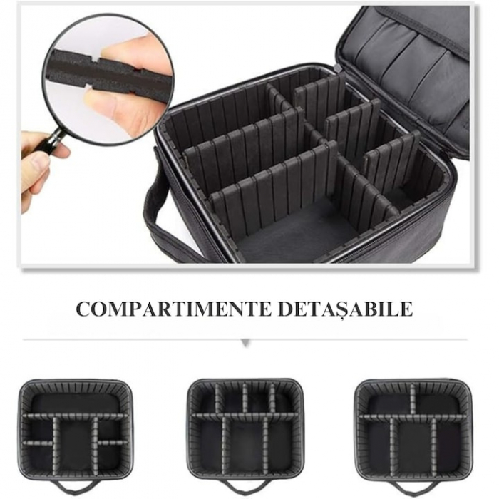 Geanta cosmetica profesionala VarioShop®, ideala pentru calatorii, vacante sau deplasari, utilizare universala, variante de compartimentare la alegere, impermeabila, 26 x 9 x 22 cm, neagra [21]