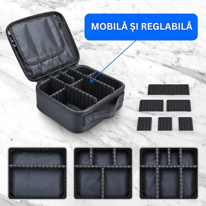 Geanta cosmetica profesionala VarioShop®, ideala pentru calatorii, vacante sau deplasari, utilizare universala, variante de compartimentare la alegere, impermeabila, 26 x 9 x 22 cm, neagra [24]