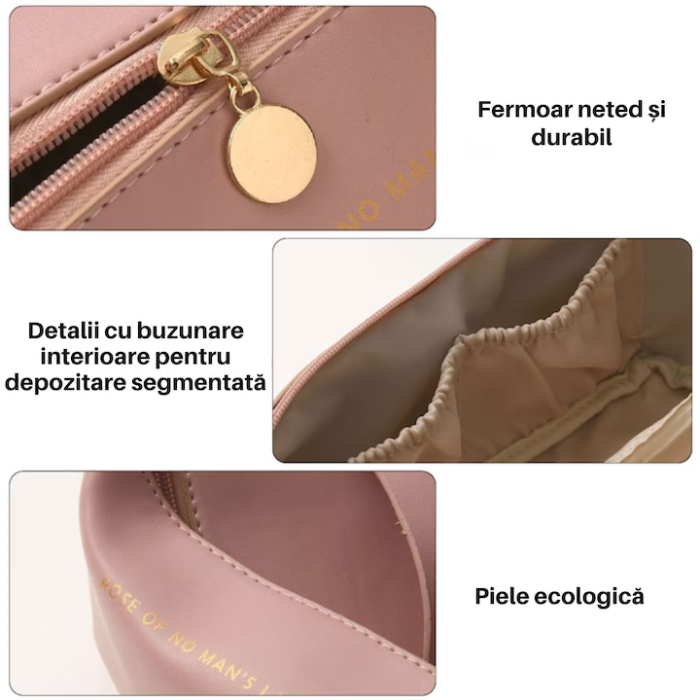 Geanta cosmetica VarioShop din piele ecologica, design elegant si compact, roz, 23x10.5x11cm [4]