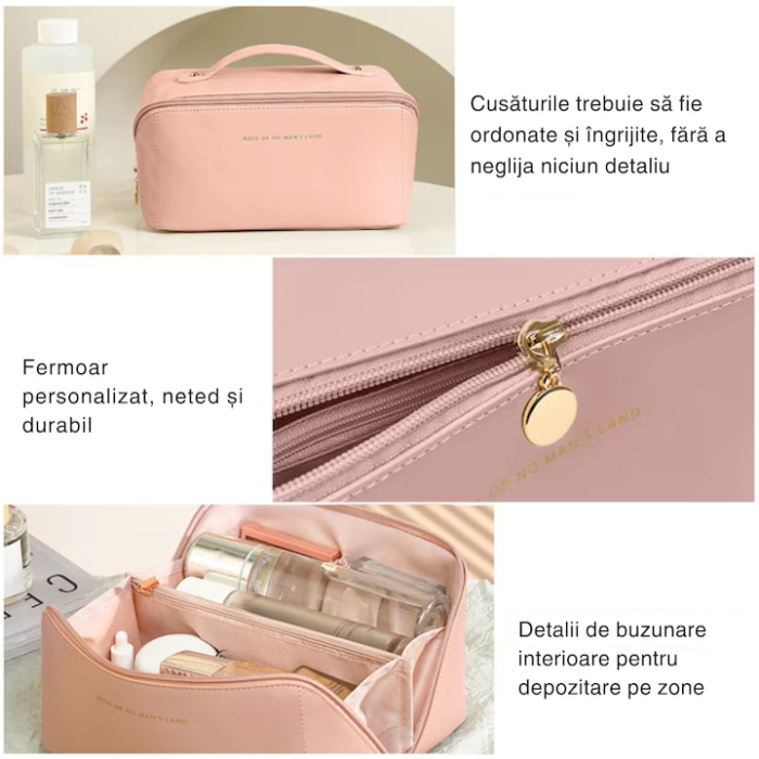 Geanta cosmetica VarioShop din piele ecologica, design elegant si compact, roz, 23x10.5x11cm [7]