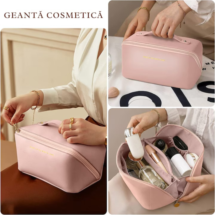 Geanta cosmetica VarioShop din piele ecologica, design elegant si compact, roz, 23x10.5x11cm [2]