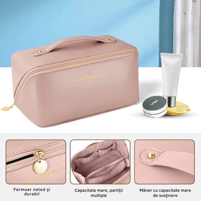 Geanta cosmetica VarioShop din piele ecologica, design elegant si compact, roz, 23x10.5x11cm [5]