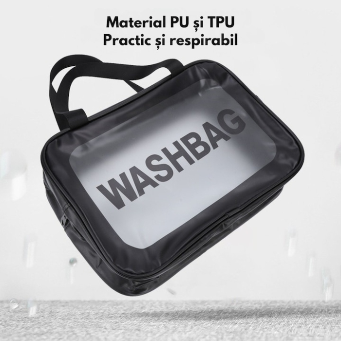 Geanta de cosmetice de calatorie VarioShop®, impermeabila, spatioasa, cu maner, fermoar si vizier, translucida, 30 x 21 x 12 cm [3]