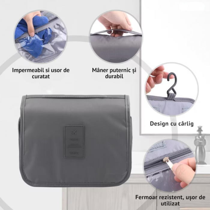 Geanta de Cosmetice VarioShop®, pentru Voiaj si Transport, Produse de Igiena Personala, Impermeabila, Design Compact, Pliabila, 21, 5 cm x 24 cm x 8 cm, Gri [11]