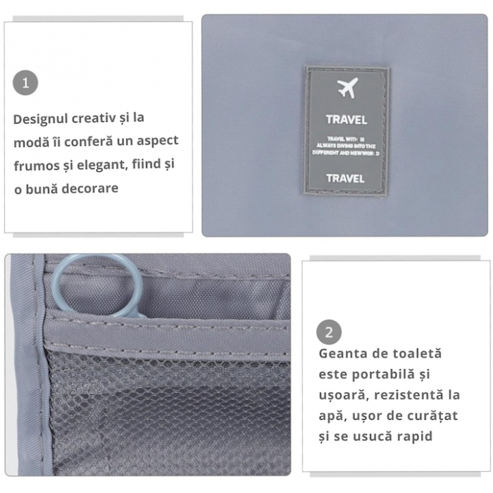 Geanta de Cosmetice VarioShop®, pentru Voiaj si Transport, Produse de Igiena Personala, Impermeabila, Design Compact, Pliabila, 21, 5 cm x 24 cm x 8 cm, Gri [10]