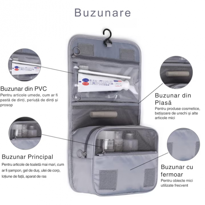 Geanta de Cosmetice VarioShop®, pentru Voiaj si Transport, Produse de Igiena Personala, Impermeabila, Design Compact, Pliabila, 21, 5 cm x 24 cm x 8 cm, Gri [3]