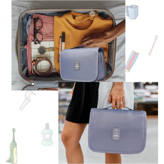 Geanta de Cosmetice VarioShop®, pentru Voiaj si Transport, Produse de Igiena Personala, Impermeabila, Design Compact, Pliabila, 21, 5 cm x 24 cm x 8 cm, Gri [17]