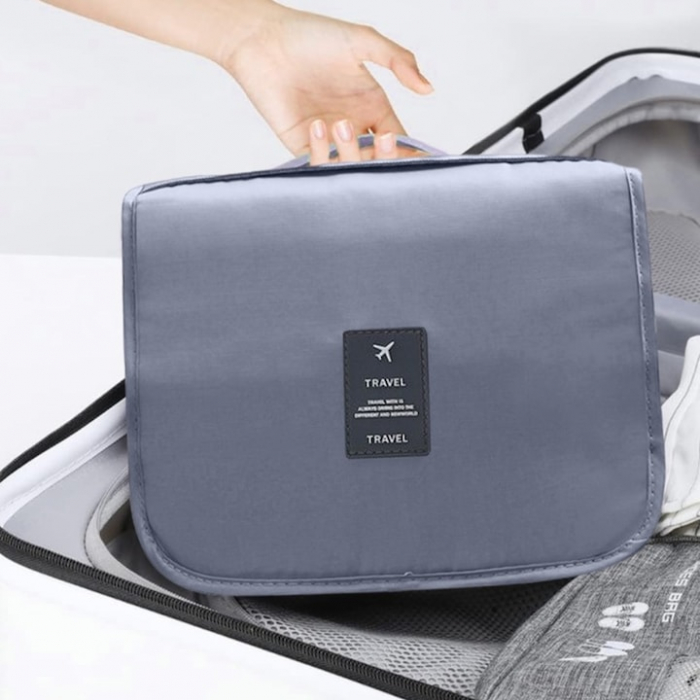 Geanta de Cosmetice VarioShop®, pentru Voiaj si Transport, Produse de Igiena Personala, Impermeabila, Design Compact, Pliabila, 21, 5 cm x 24 cm x 8 cm, Gri [1]