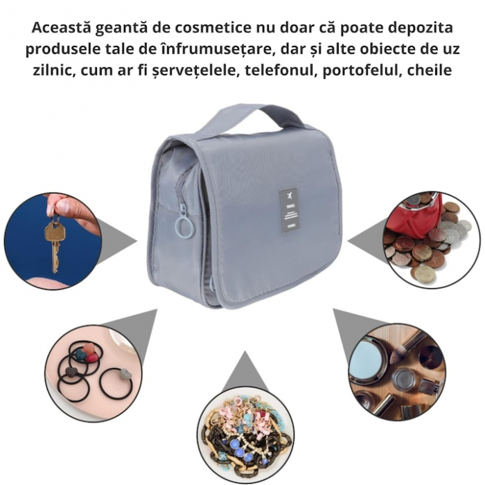 Geanta de Cosmetice VarioShop®, pentru Voiaj si Transport, Produse de Igiena Personala, Impermeabila, Design Compact, Pliabila, 21, 5 cm x 24 cm x 8 cm, Gri [2]